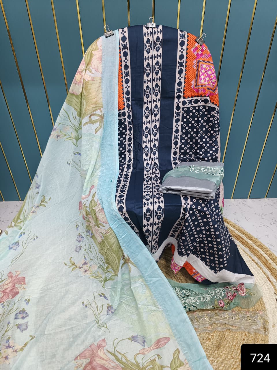 Dark Blue Cotton Suit with Patch Work & Dupatta