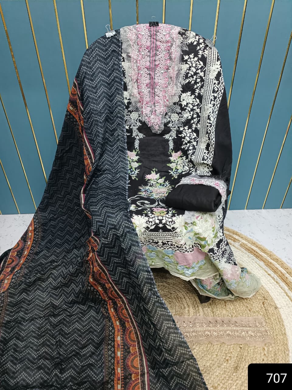 Black Cotton Suit with Patch Work & Dupatta