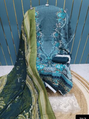 Tear Blue Cotton Suit with Patch Work & Dupatta