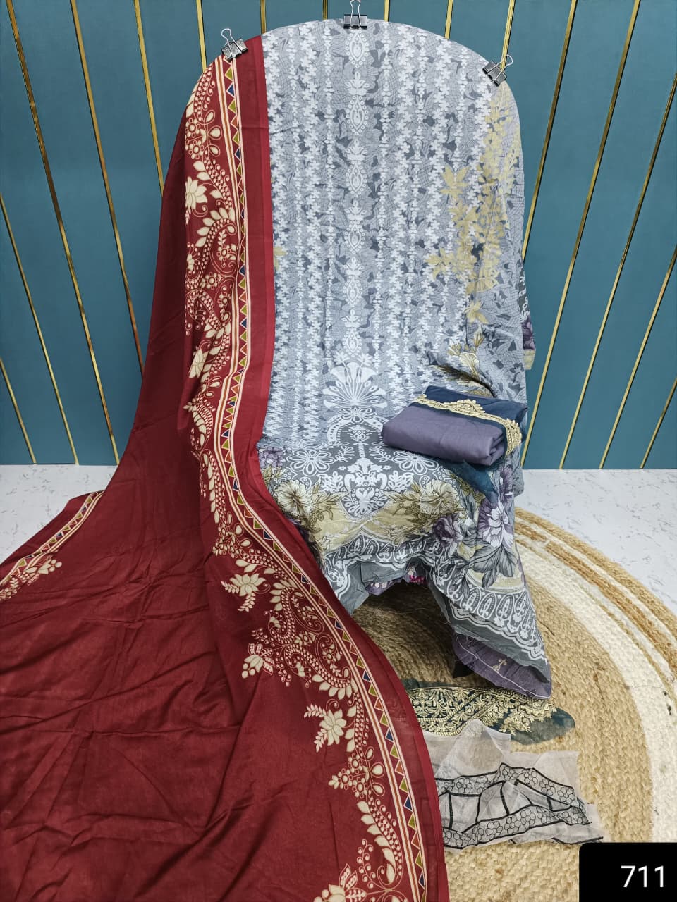 Gray With  Maroon  Cotton Suit With Patch Work & Dupatta
