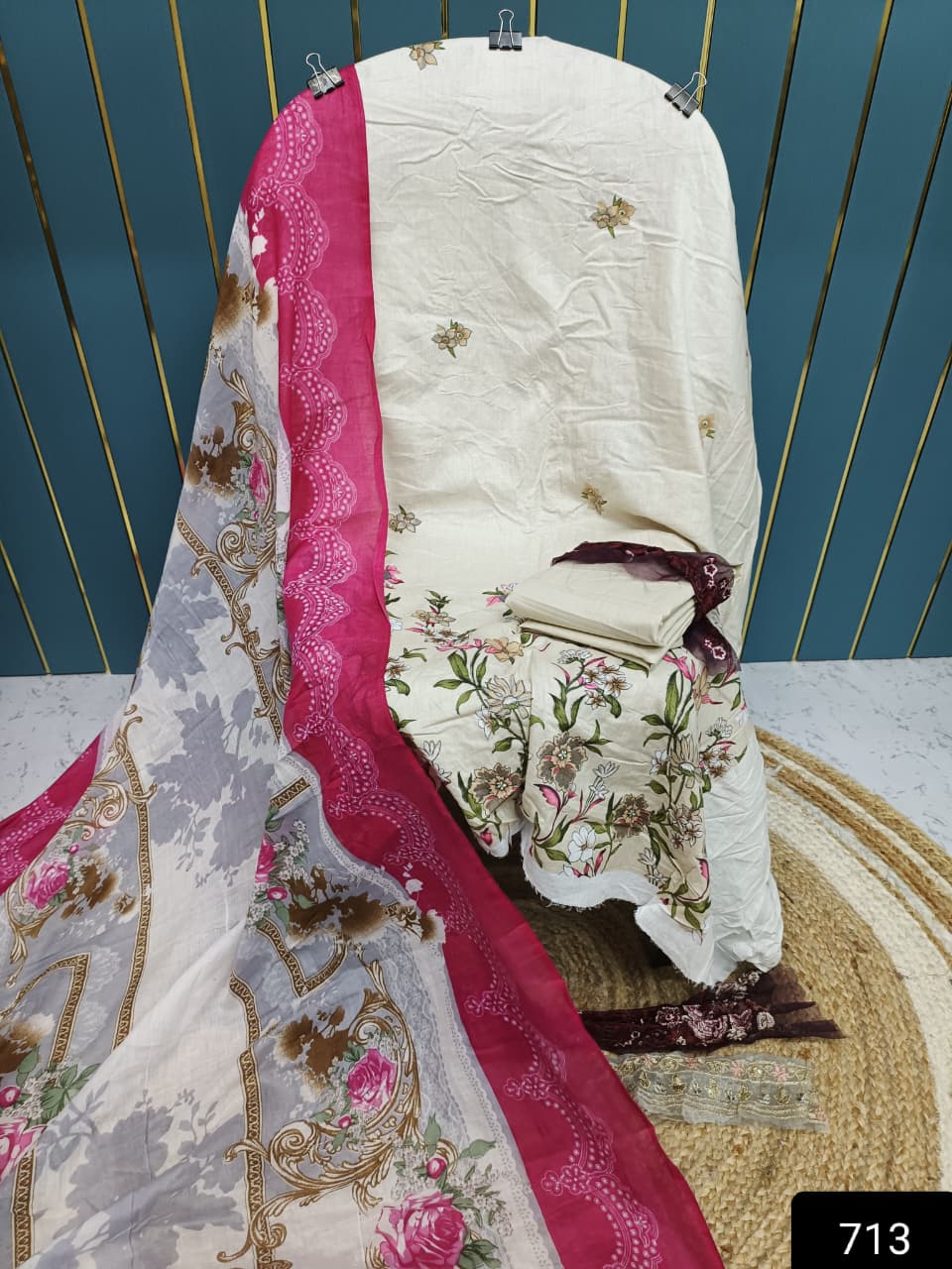 White With Pink Cotton Suit with Patch Work & Dupatta