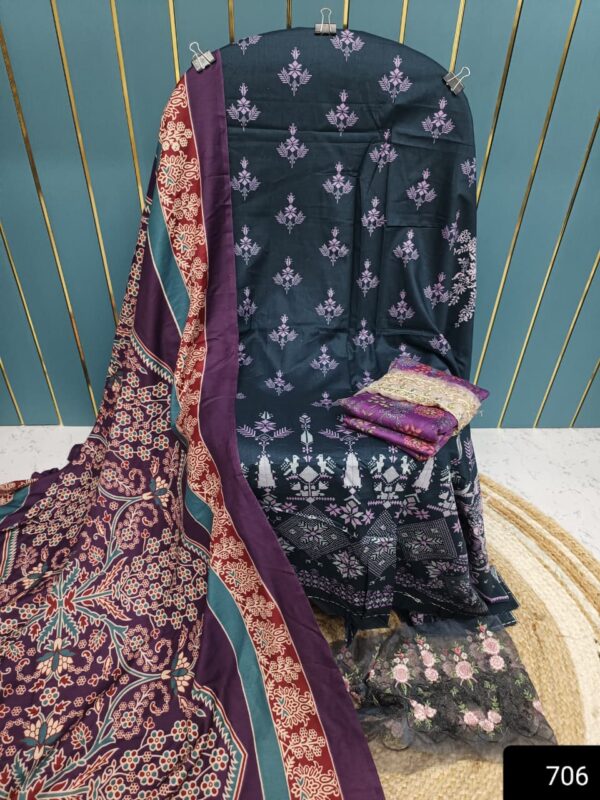 Navy Blue Cotton Suit with Patch Work & Dupatta