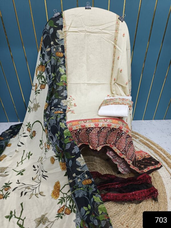 Light cream Cotton Suit with Patch Work & Dupatta