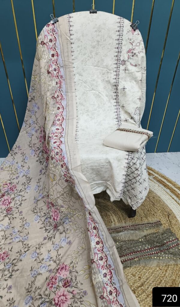 White With Pink Cotton Suit with Patch Work & Dupatta