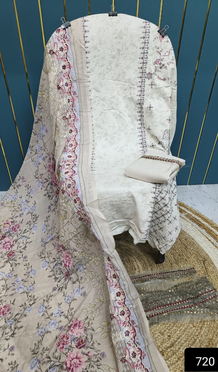 White With Pink Cotton Suit with Patch Work & Dupatta