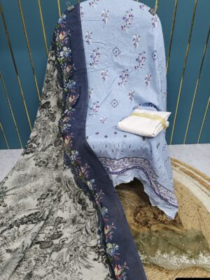 Light Blue Cotton Suit with Patch Work & Dupatta