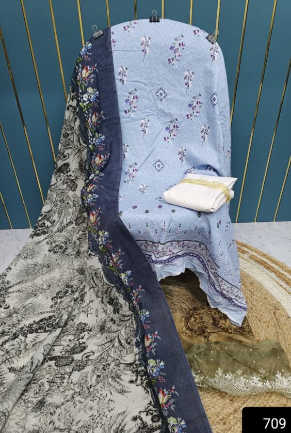 Light Blue Cotton Suit with Patch Work & Dupatta