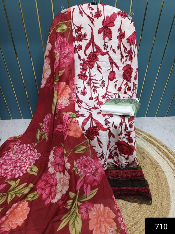 Red With White Cotton Suit with Patch Work & Dupatta