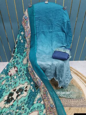 Tear Blue Cotton Suit with Patch Work & Dupatta