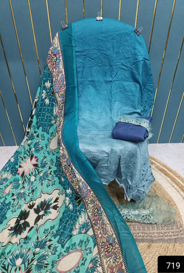 Tear Blue Cotton Suit with Patch Work & Dupatta