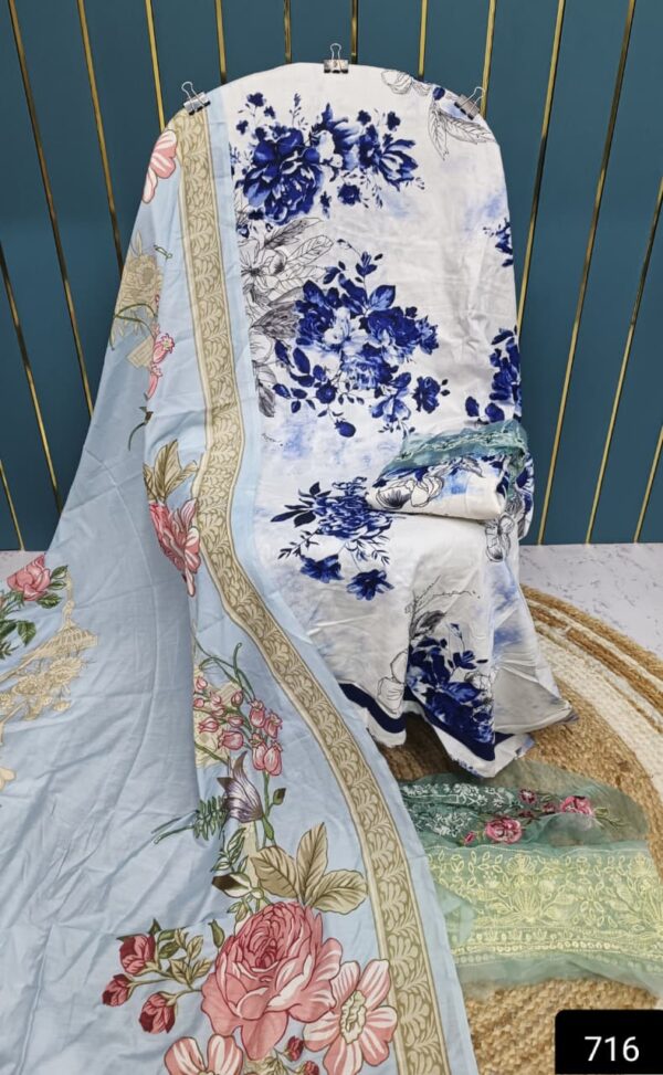 White With Blue Floral Cotton Suit with Patch Work & Dupatta
