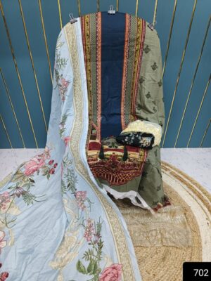 Olive Green And Whit Blue Printed Cotton Suit with Patch Work & Dupatta