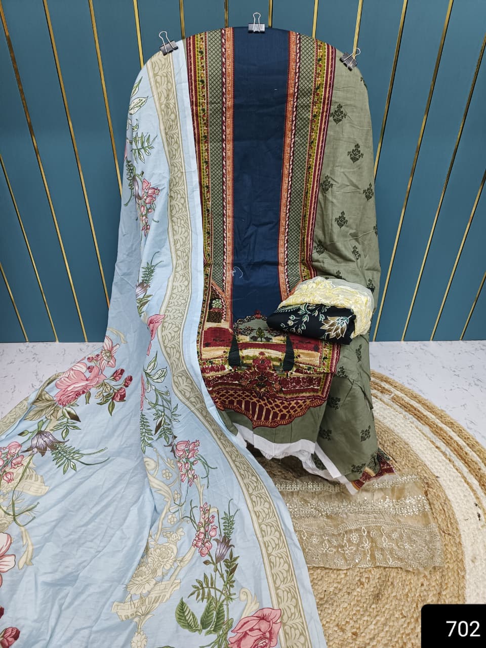 Olive Green And Whit Blue Printed Cotton Suit with Patch Work & Dupatta