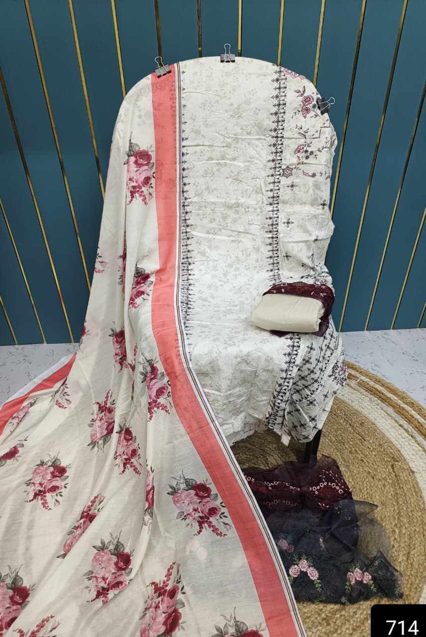 White Cream Printed Cotton Suit with Patch Work & Dupatta