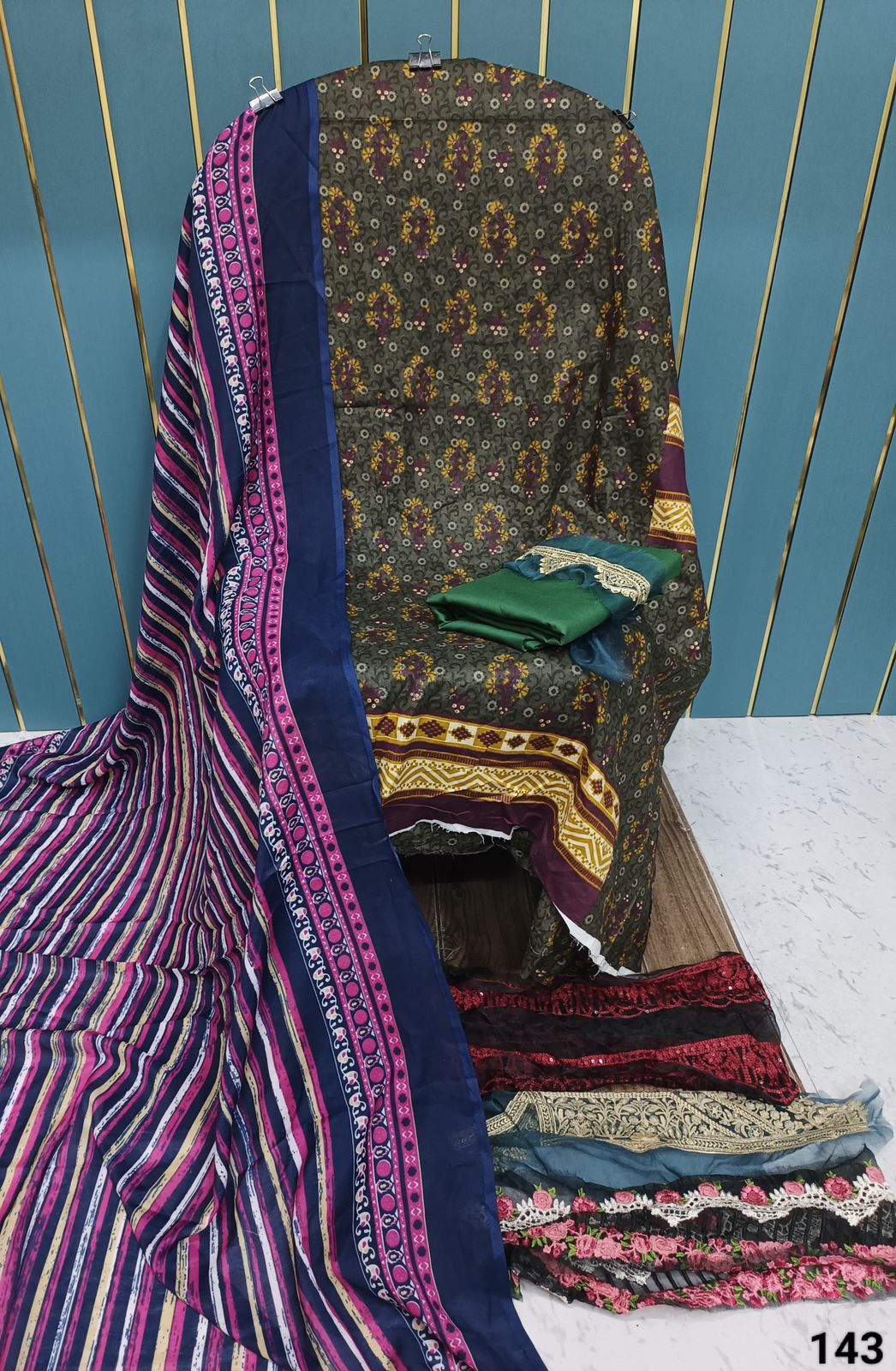 Dark Brown With Dark Blue Printed Cotton Suit with Patch Work & Dupatta