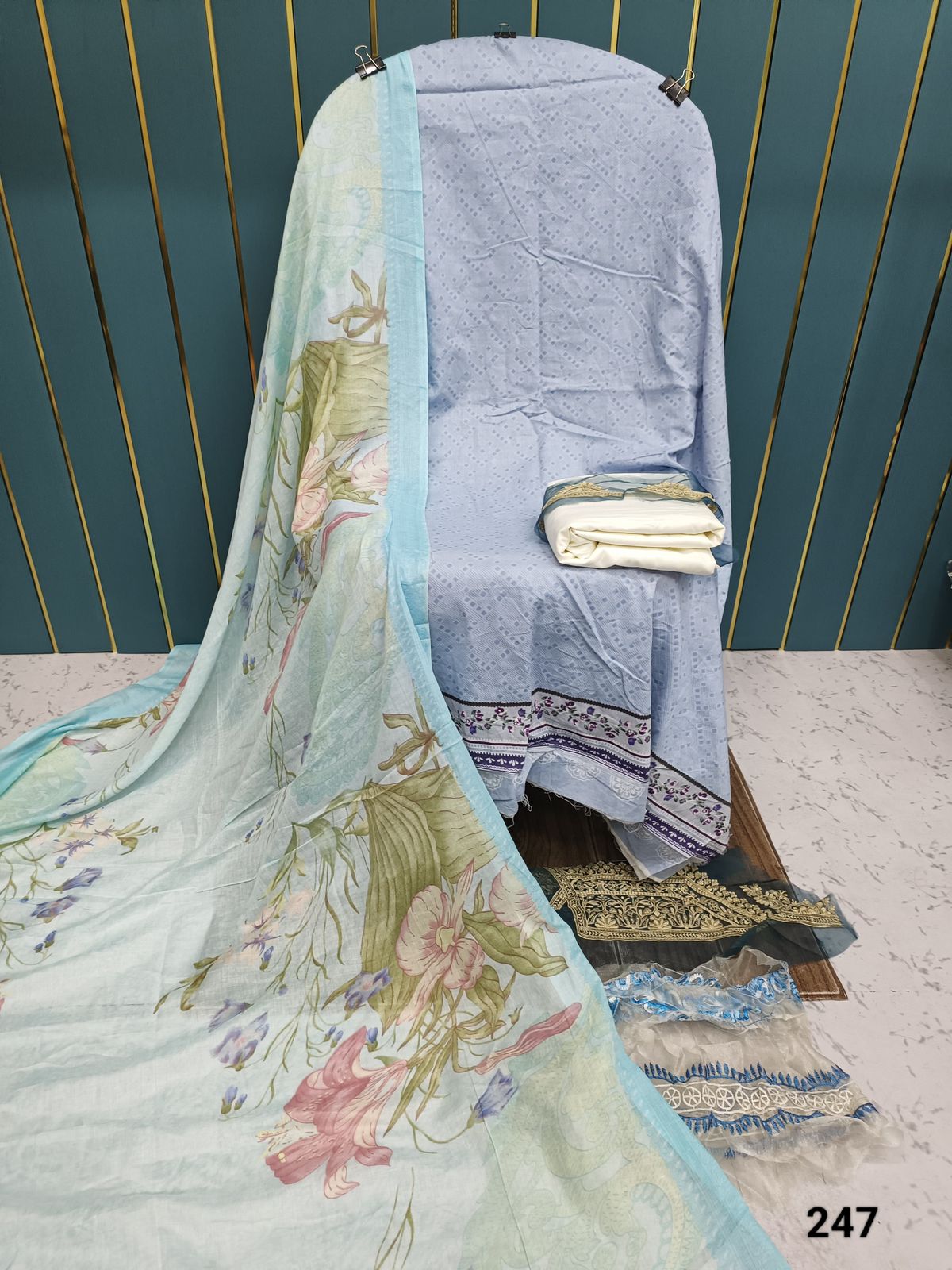 Light Blue With Floral Printed Cotton Suit with Patch Work & Dupatta