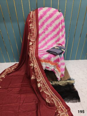 Pink With Maroon Printed Cotton Suit with Patch Work & Dupatta