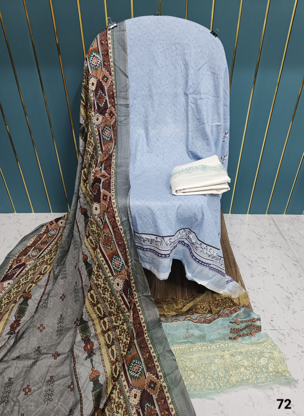 Light Blue With Gray Printed Cotton Suit with Patch Work & Dupatta