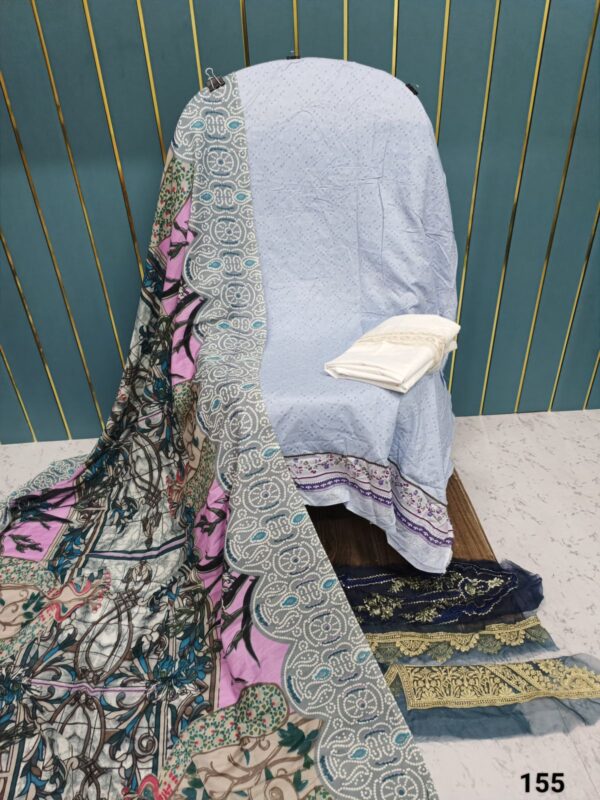 White Blue With Pink Printed Cotton Suit with Patch Work & Dupatta
