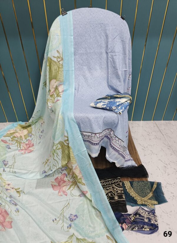 White Blue Printed Cotton Suit with Patch Work & Dupatta