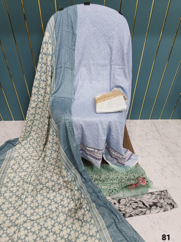 White Gray Printed Cotton Suit with Patch Work & Dupatta