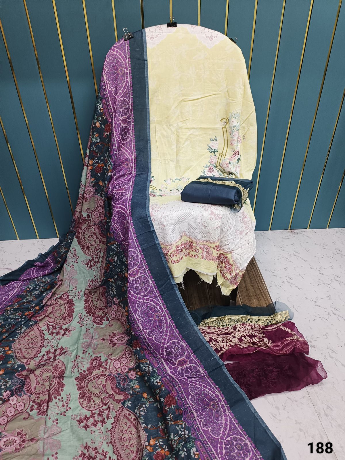 Light Yellow With Purple Printed Cotton Suit with Patch Work & Dupatta