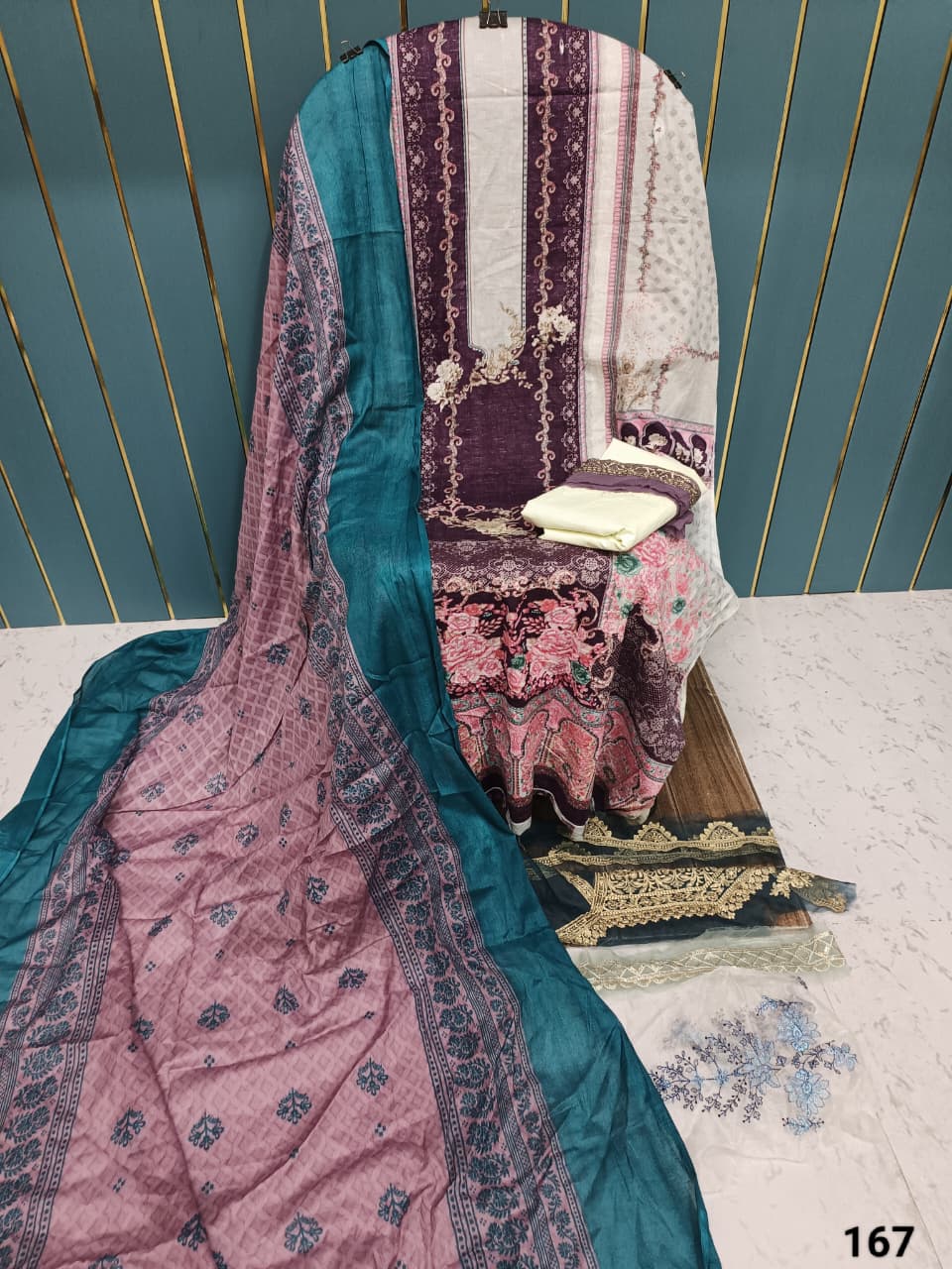 Pink Printed Cotton Suit with Patch Work & Dupatta