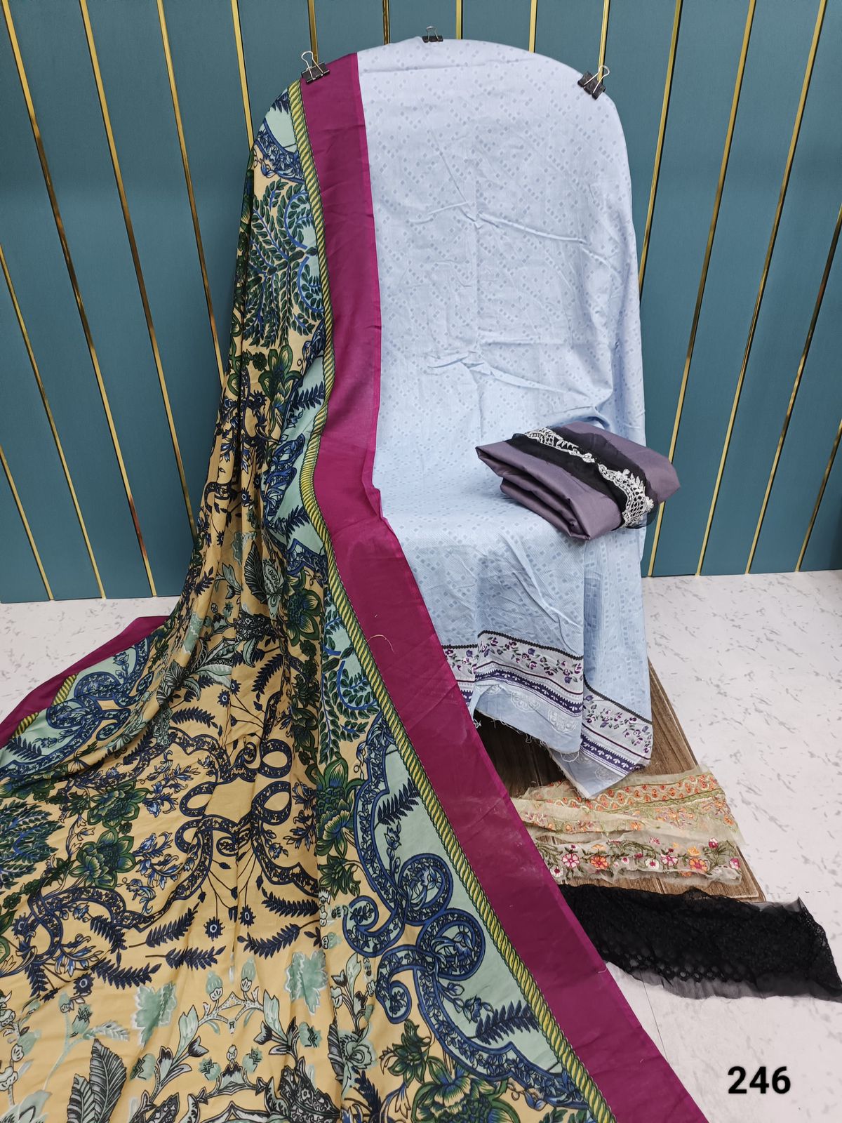 Light Blue With Maroon Printed Cotton Suit with Patch Work & Dupatta
