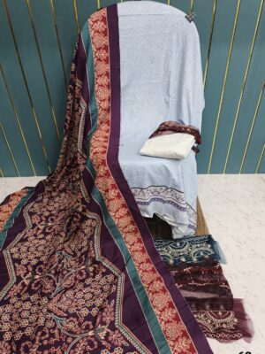 White Blue With Maroon Printed Cotton Suit with Patch Work & Dupatta