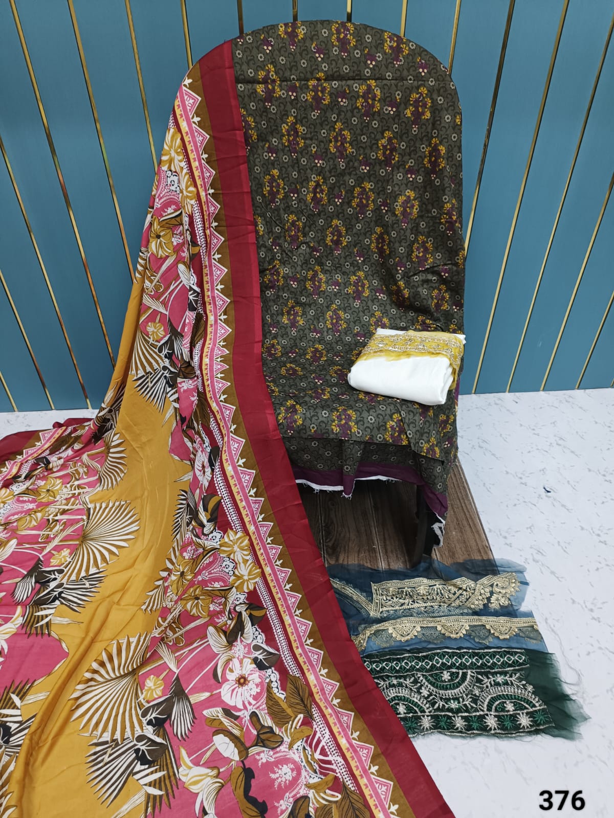 Maroon And Yellow Printed Cotton Suit with Patch Work & Dupatta