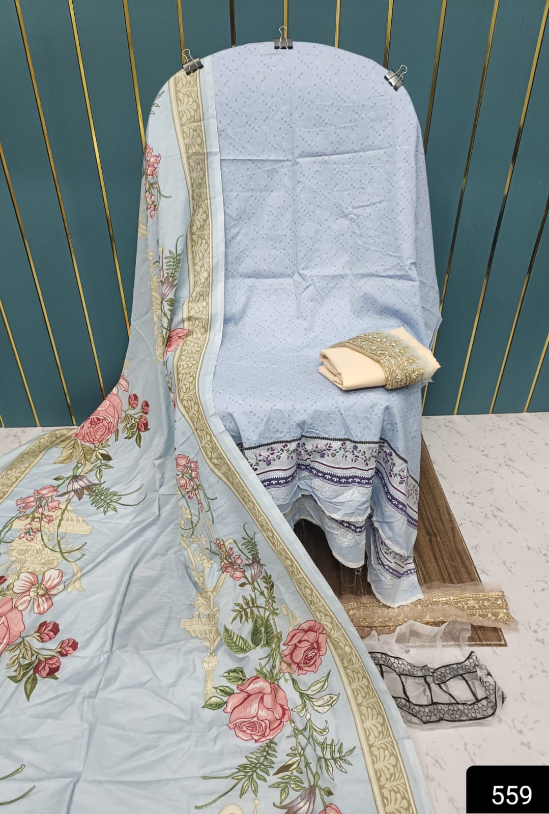 White Printed Cotton Suit with Patch Work & Dupatta