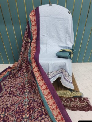 White Blue With Maroon Printed Cotton Suit with Patch Work & Dupatta