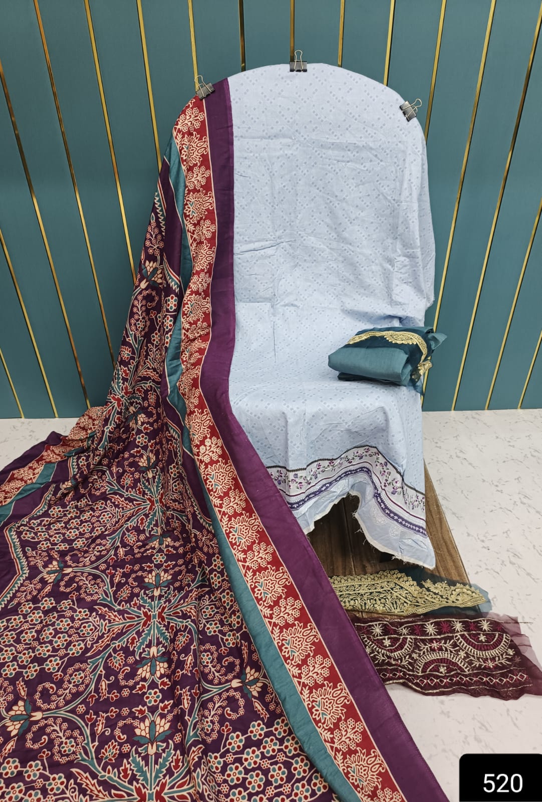 White With Maroon Printed Cotton Suit with Patch Work & Dupatta