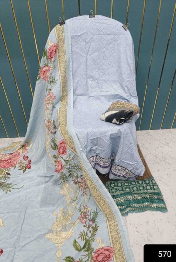 White Printed Cotton Suit with Patch Work & Dupatta