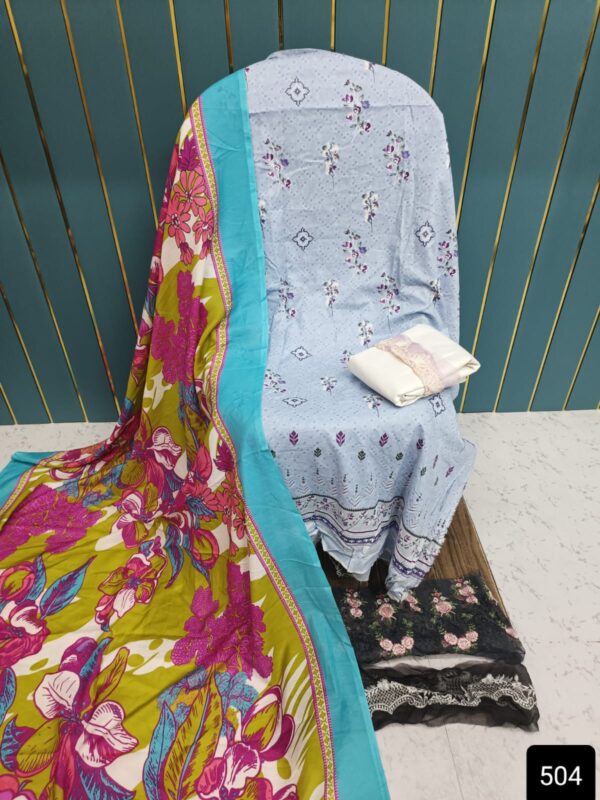White Printed Cotton Suit with Patch Work & Dupatta