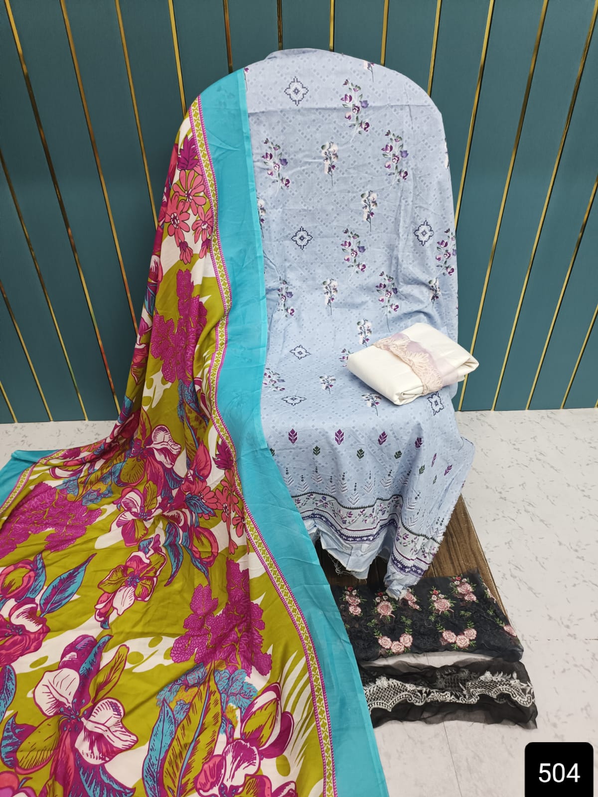White And Pink Printed Cotton Suit with Patch Work & Dupatta