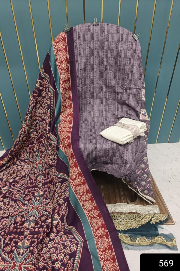 Light Purple With Maroon Printed Cotton Suit with Patch Work & Dupatta