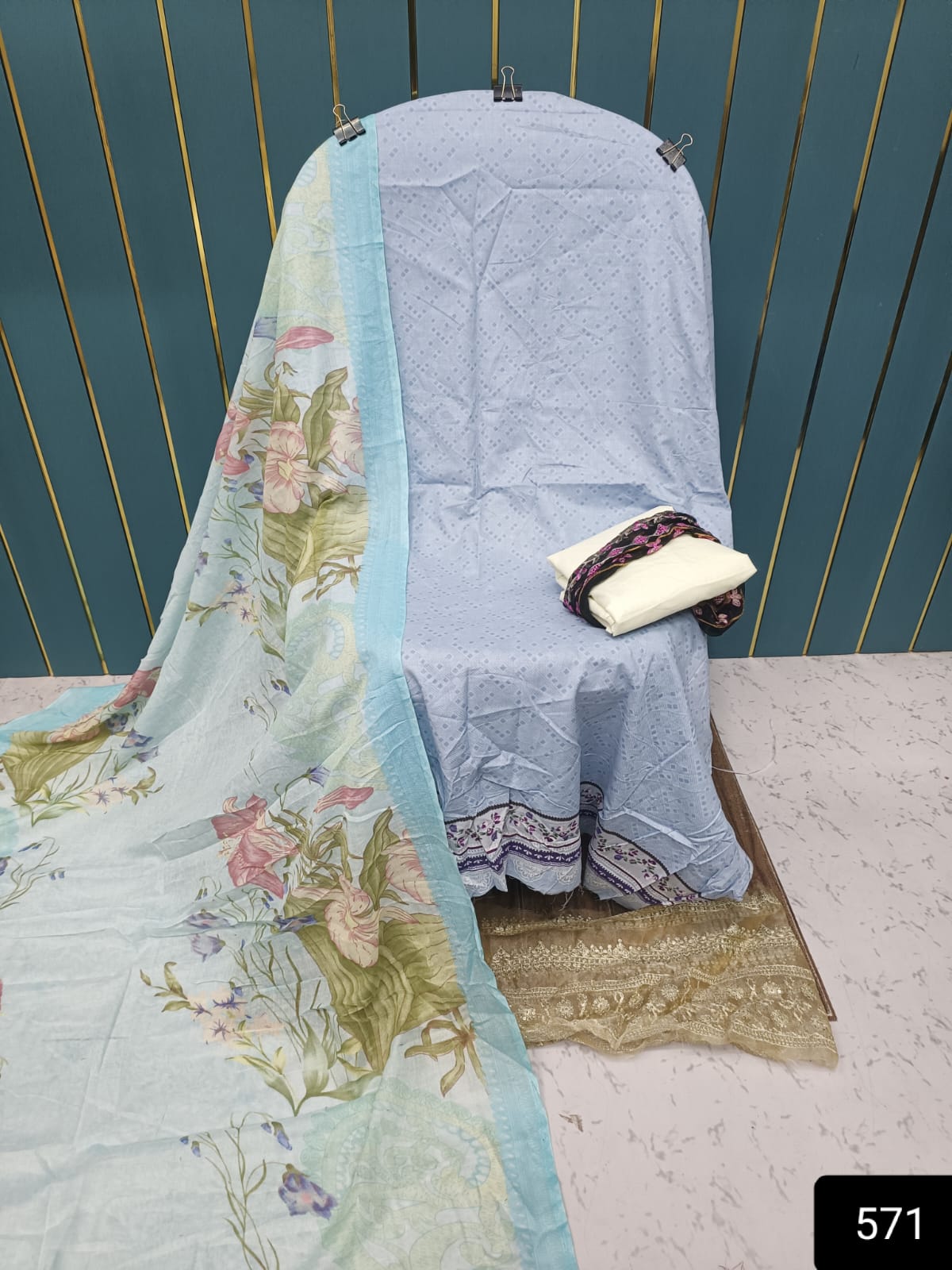 Light Blue With Floral Printed Cotton Suit with Patch Work & Dupatta
