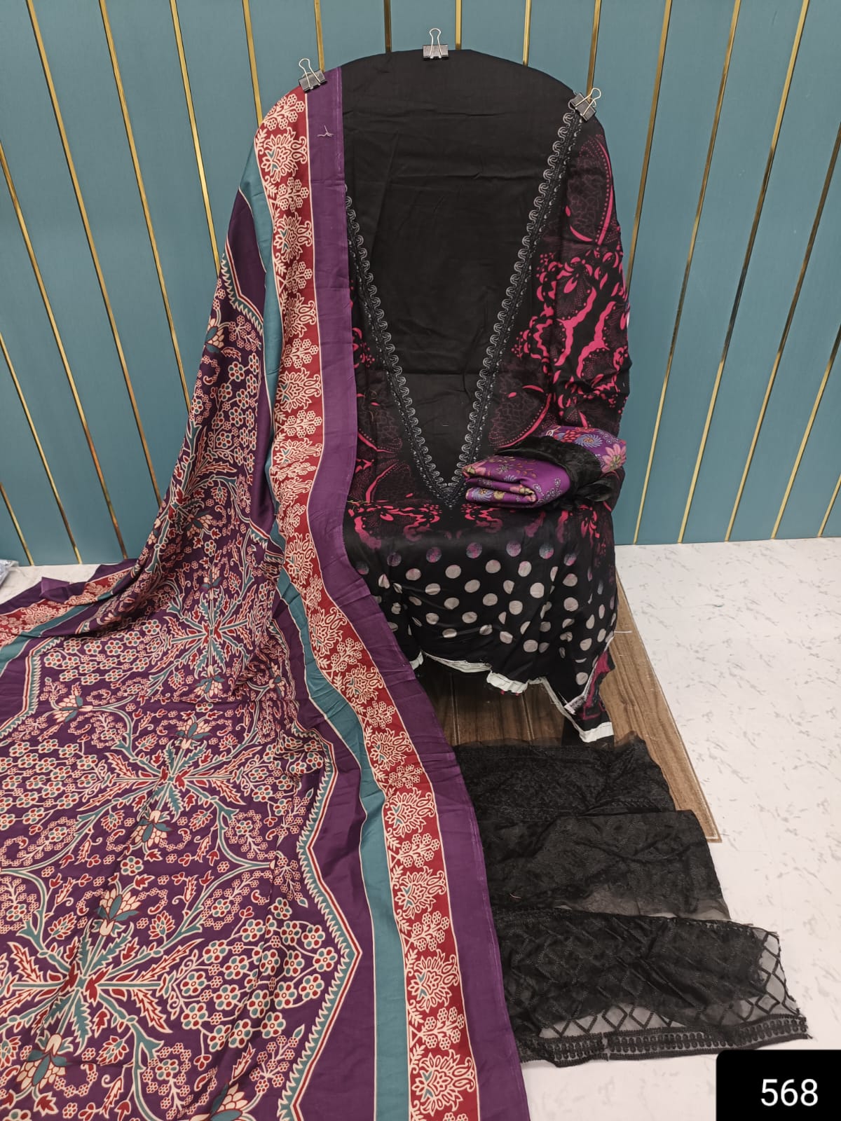 Maroon And Black Printed Cotton Suit with Patch Work & Dupatta