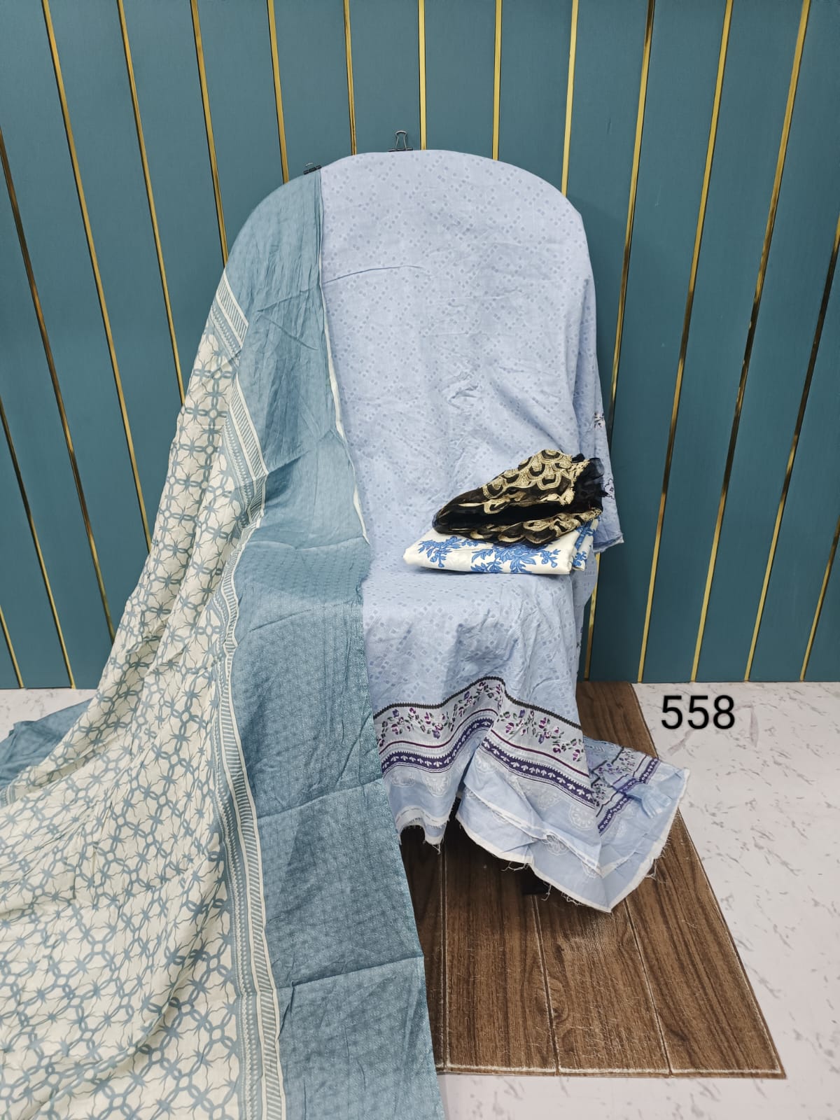 Light Blue Printed Cotton Suit with Patch Work & Dupatta