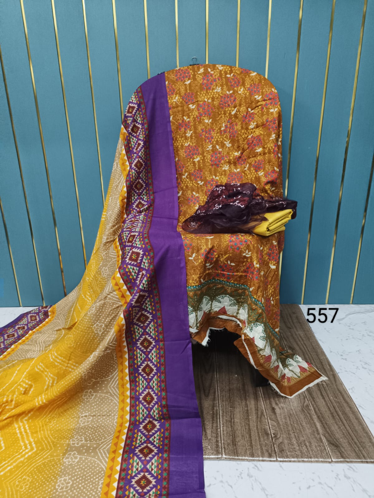 Yellow With Brown Printed Cotton Suit with Patch Work & Dupatta