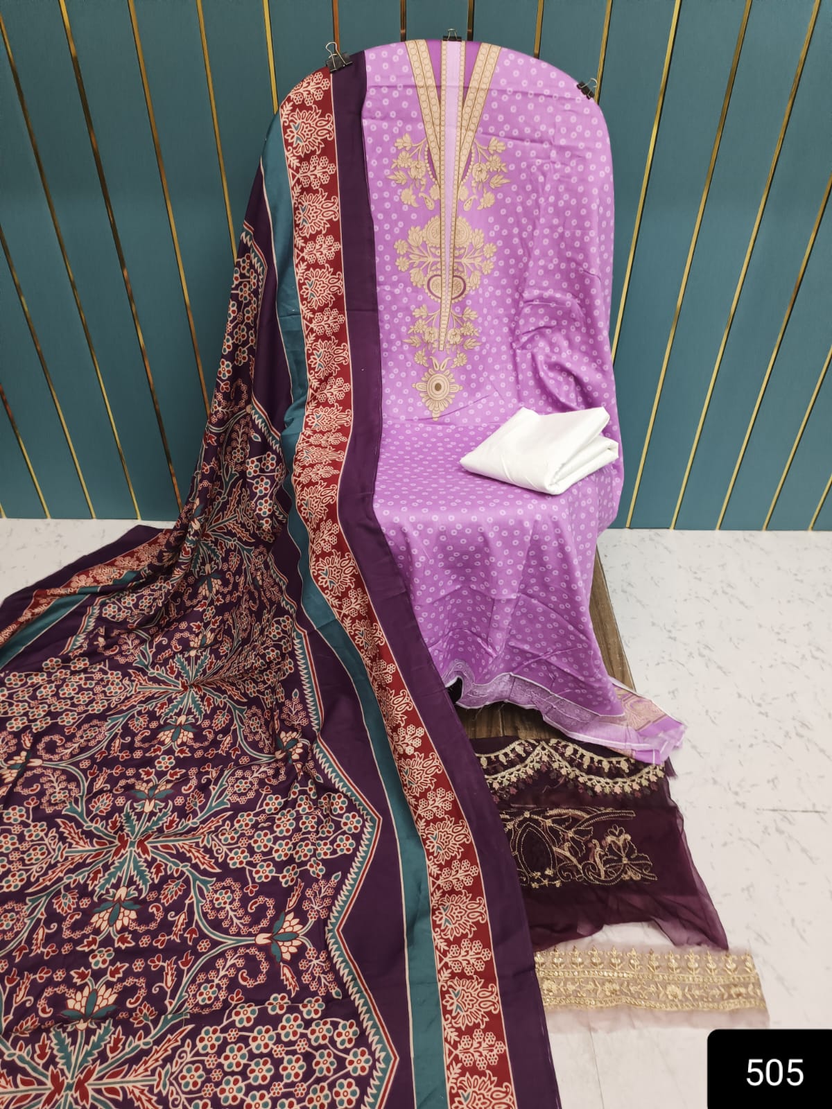 Light Purple With Maroon Printed Cotton Suit with Patch Work & Dupatta