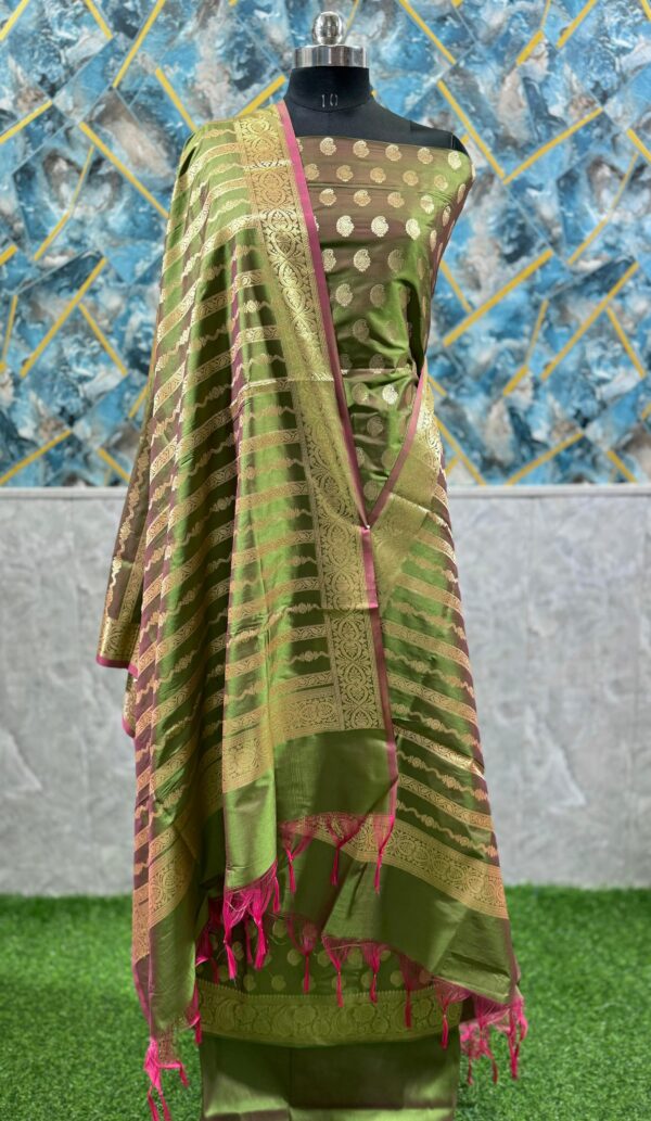Green Katan Banarasi Silk Suit With Zari Weaving & Dupatta