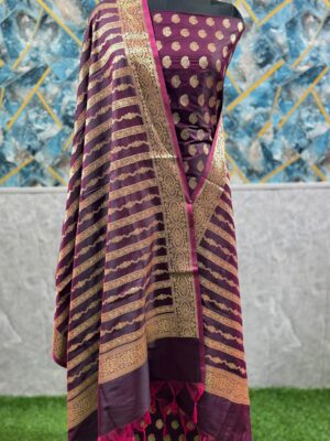 Violet Mashru Katan Banarasi Silk Suit With Zari Weaving & Dupatta