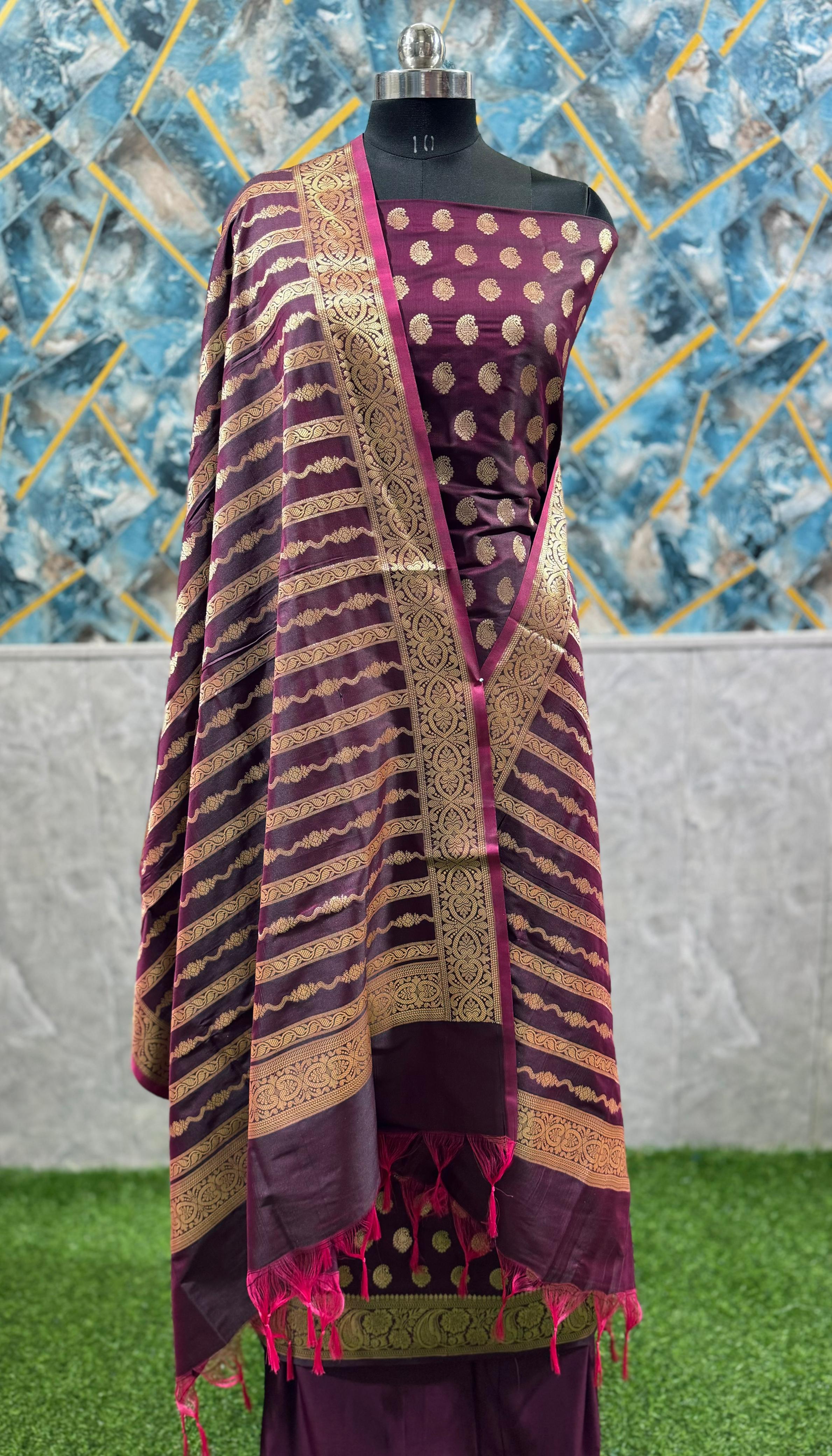 Violet Mashru Katan Banarasi Silk Suit With Zari Weaving & Dupatta