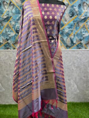 Dusty Purple Mashru Katan Banarasi Silk Suit With Zari Weaving & Dupatta