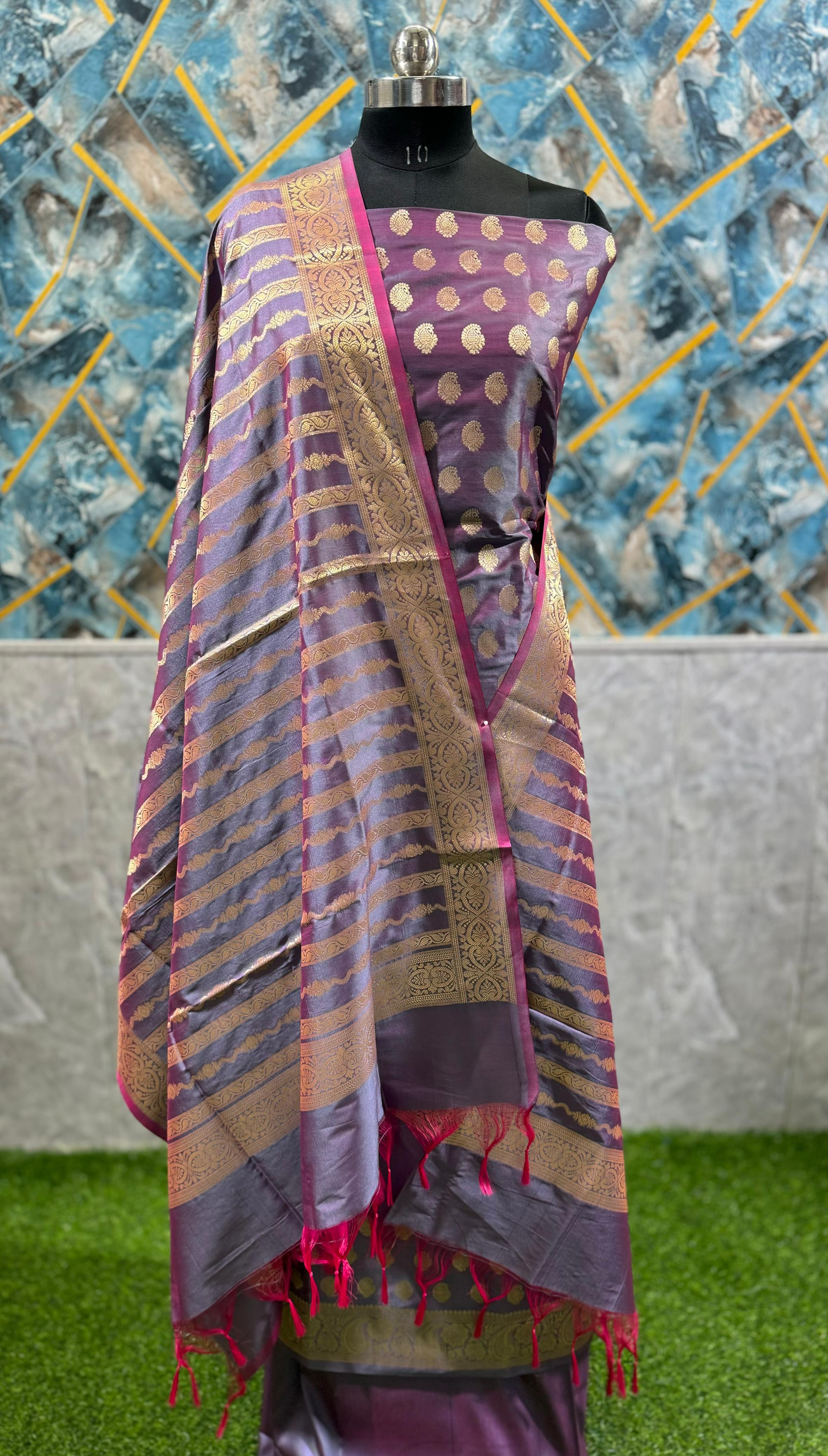 Dusty Purple Mashru Katan Banarasi Silk Suit With Zari Weaving & Dupatta