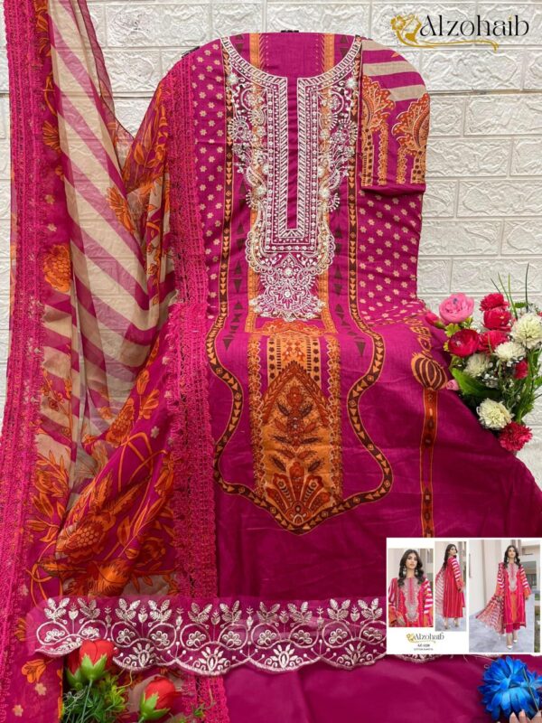 Pink Pakistani Cotton Suit with Work & Chiffon Cotton Dupatta