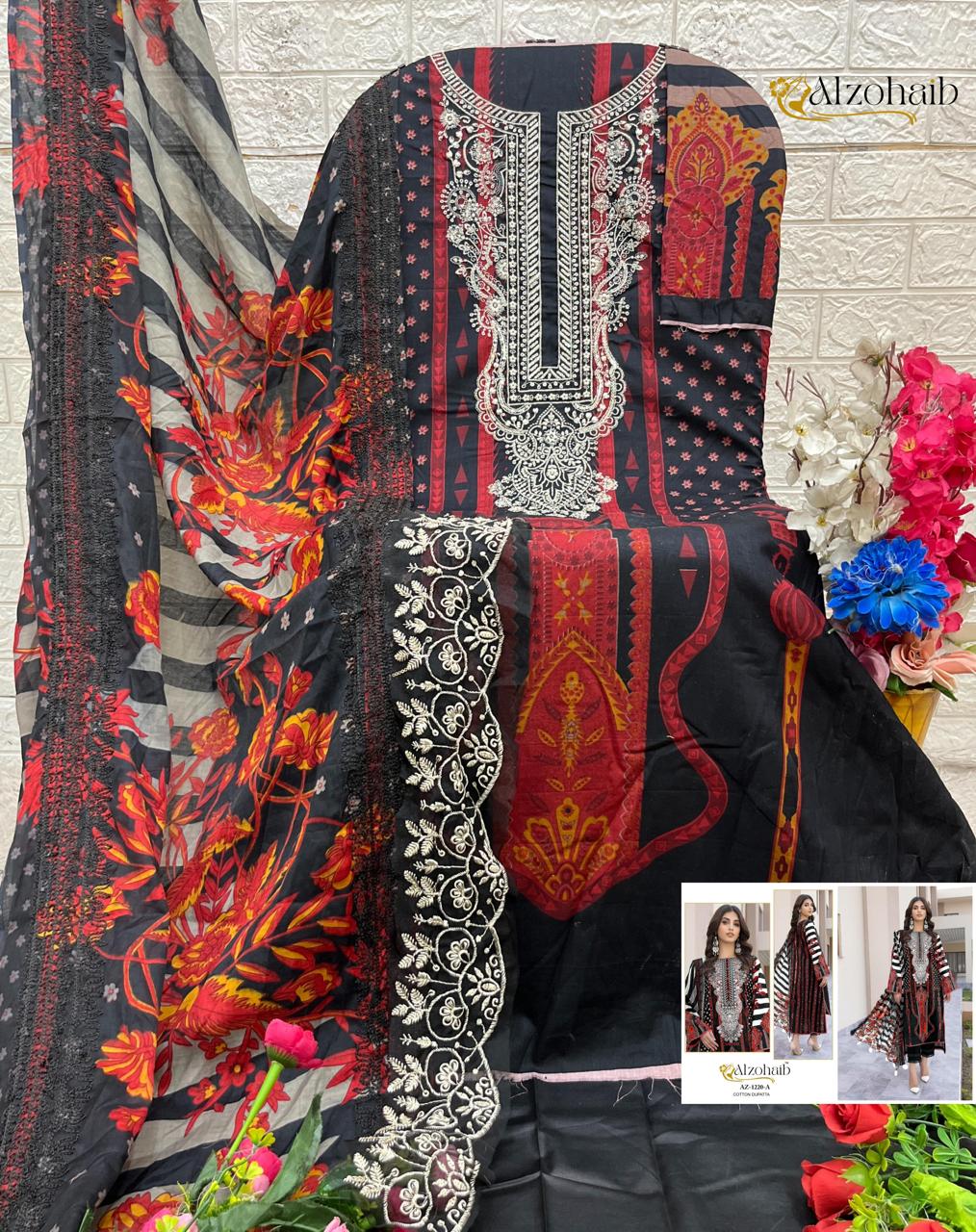 Black Pakistani Cotton Suit with Work & Chiffon Cotton Dupatta