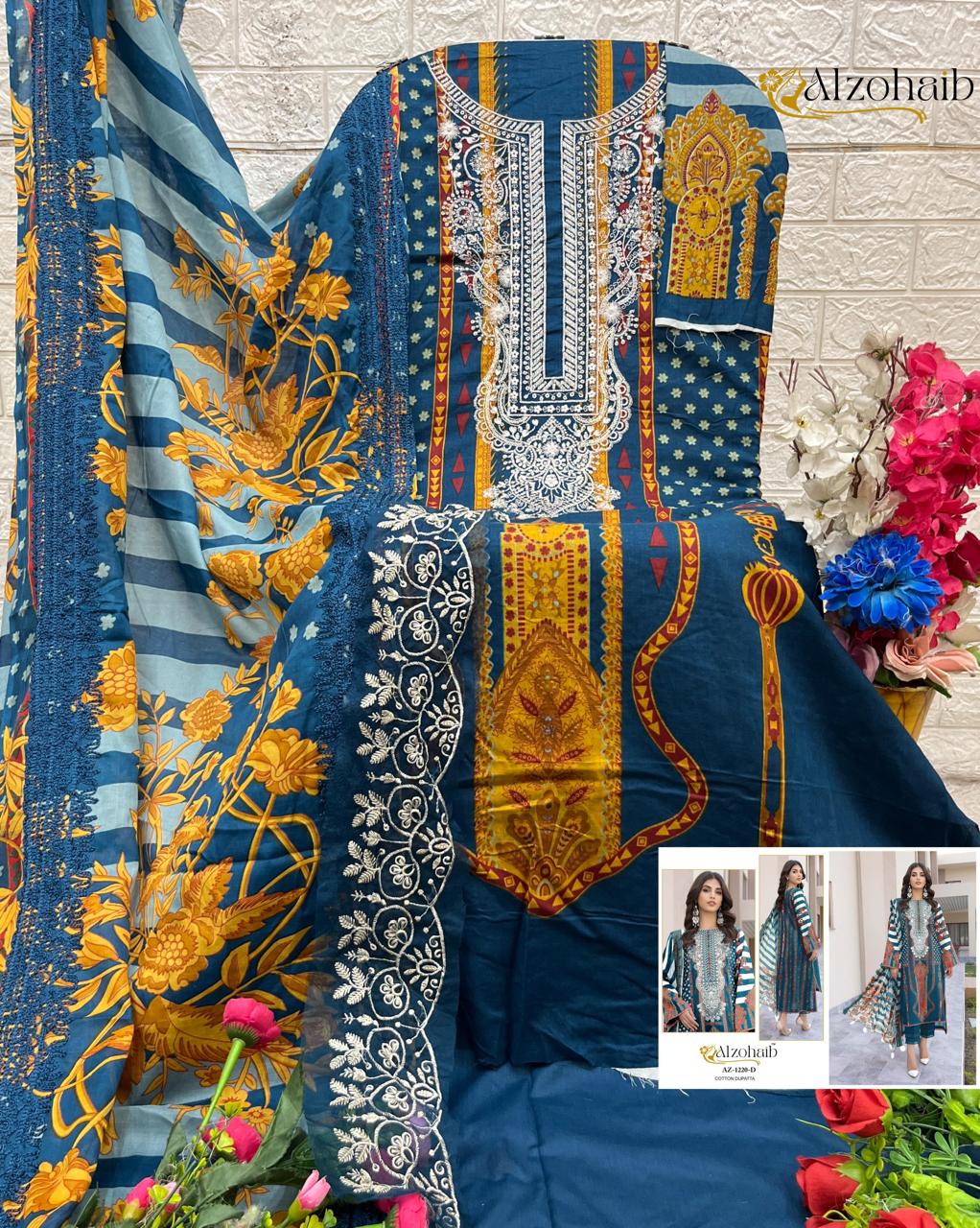 Dark Blue Pakistani Cotton Suit with Work & Chiffon Cotton Dupatta